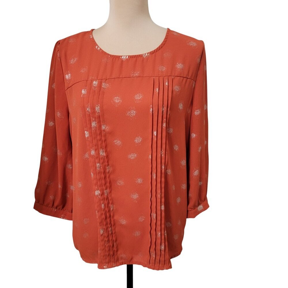 Alice Blue for Stitch Fix Burnt Orange Chiffon Pintuck Blouse w/ Gold Polka Dots